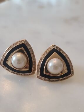 Vintage Dior Gold-Tone Triangle Pearl & Black Enamel Earrings